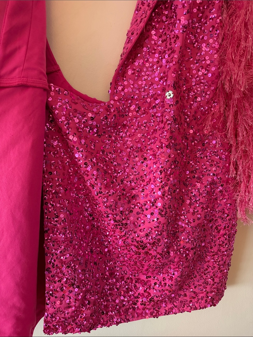 ASOS LUXE Pink Sequin Blazer Dress Backless Fringed Shag Sleeves Sz 12 NWT - Picture 9 of 10
